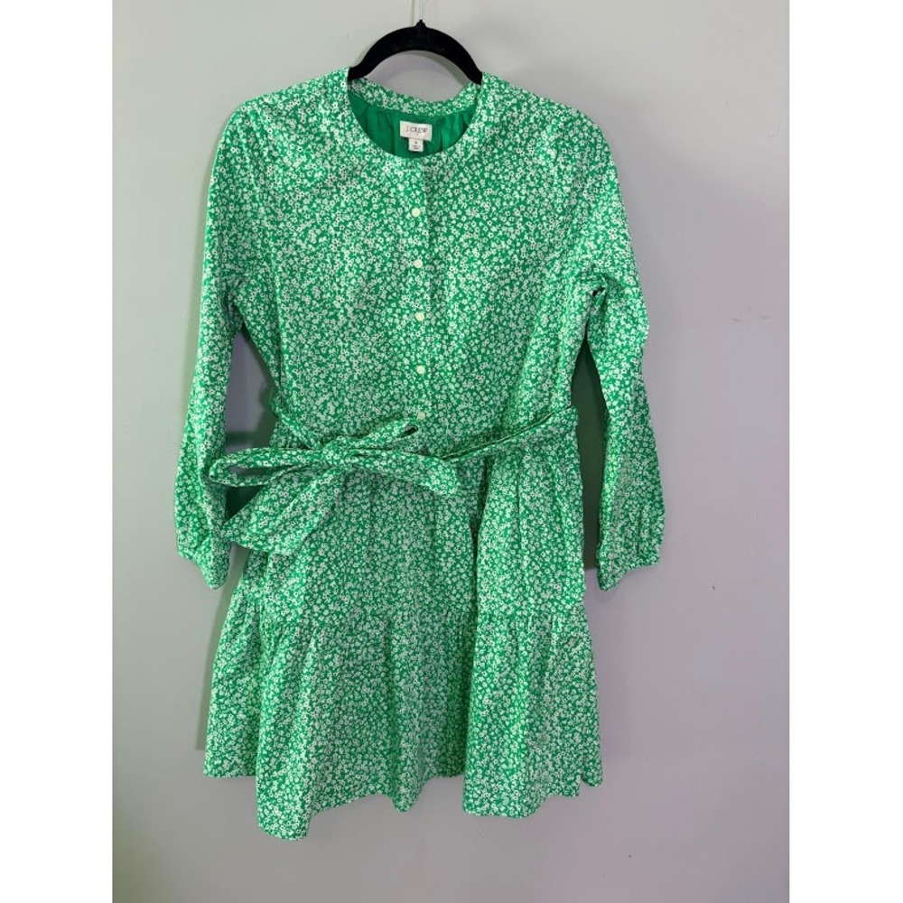 J.Crew Floral Shirt Dress Womens S Green White Long Sleeve Belted Mini Tiered